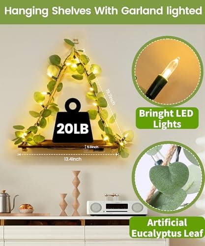 Macrame Hanging Shelf for Wall Decoration with Eucalyptus Lighted Garland,2 Pack Boho Hanging Shelves&Greenery Eucalyptus Garland with Lights for Bedroom Living Room Boho Wall Décor, Wedding Décor - Thumbnail 3