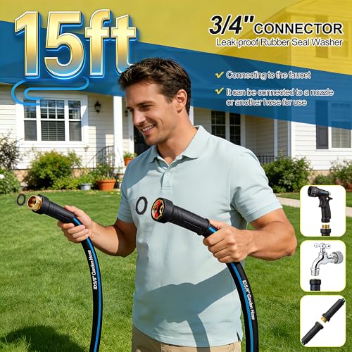 Garden Hose 15FT Non-expandable Heavy Duty Hoses，Kink-free Flexible Water Hose, Leak-proof Hybrid Water Pipe with Male to Female Fittings for Garden, Car, House Cleaning - Thumbnail 5