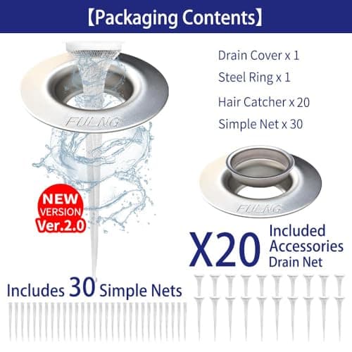 FULNG Bathroom Sink Drain Hair Catcher, No-Touch Cleaning with 20 Replaceable Nets, Stainless Steel Strainer, Fits 1.4"-1.8" Standard Drains, Easy Install, Anti-Clog - Thumbnail 2