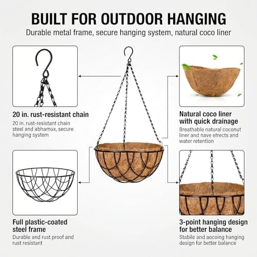 Kingbuy 12 Inch Metal Hanging Planter Basket with Coconut Fiber Liner Round Wire Hanging Plant Flower Pot for Home Garden Patio Decoration, Grid Pattern, 2 Pack - Thumbnail 5
