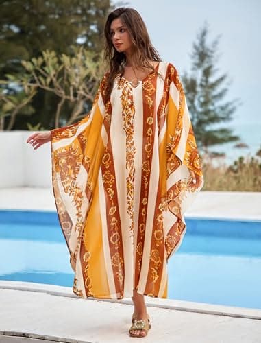 ZAFUL Kaftan Dresses for Women Moo Moos Plus Size O Ring V Neck Batwing Sleeves Beach Cover Ups Hawaii Summer Vacation Outfits Caftan Maxi Dress Loungewear Yellow Floral - Thumbnail 5