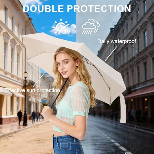 Mini Travel Umbrella with Case Small Compact Lightweight for Purse Beige - Thumbnail 6