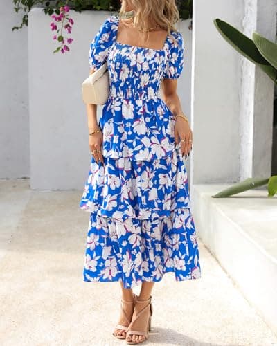 BTFBM Womens Square Neck Smocked Dress Summer Puff Short Sleeve Floral Casual Ruffle Tiered Maxi Wedding Guest Dresses(Floral Blue White, Small) - Thumbnail 2