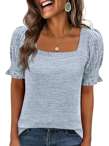 ANRABESS Womens Tops Summer Sweaters Dressy Casual Work Blouses Square Neck Ruffle Short Sleeve Tee Shirts 2026 Fashion Tunic Sky Blue XX-Large