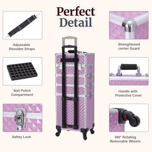 TOPACK Professional 4-In-1 Rolling Makeup Train Case, Large Makeup Travel Case with Key Shoulder Strap/Handle Cushion I Makeup Train Case Organizer I Cosmetology Case on Wheels I Pink - Thumbnail 4