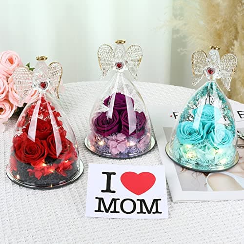 Tiaronics Mothers Day Rose Gifts for Women, Large Angel Figurines with Real Roses, Preserved Real Flower Rose for Her - Red - Thumbnail 3