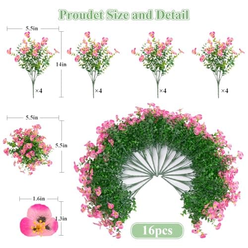 U'Artlines Artificial Flowers for Outdoors, 16 Bundles Fake Flowers Realistic Pansies Plants with Eucalyptus, UV Resistant Silk Flower for Outside Planter Porch Garden Patio - Thumbnail 4