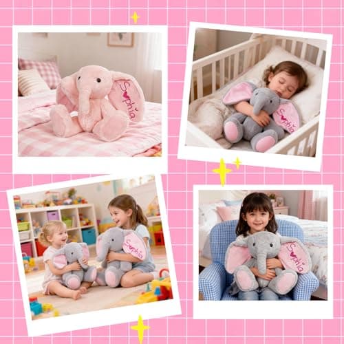 Personalized Elephant Stuffed Animal, Custom Elephant Plush with Embroidered Name, Toys for 1 2 3 Year Old Baby Girls Boys, Customized Christmas Birthday Gifts for Infant Toddler Newborn (Elephant) - Thumbnail 6