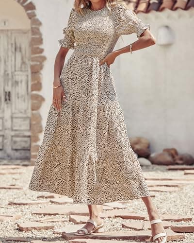 BTFBM Women Casual Summer Dresses 2026 Spring Crew Neck Ruffle Short Sleeve Smocked Floral Boho Flowy Maxi Dress Clothes(Dot Apricot Coffee, Large) - Thumbnail 4