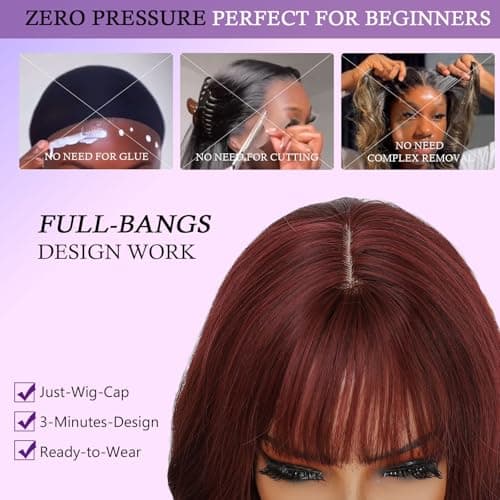 Barbique Burgundy Wig, Long Wavy Wig with Bangs, Glueless Wig Natural Hairline, Ready to Wear for Work Party Daily Use Beginner Friendly - Thumbnail 4