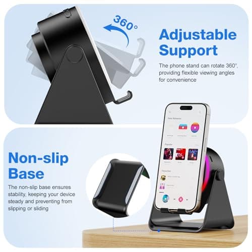 TARKARI Wireless Induction Speaker, 5 in 1 Bluetooth Speaker, 360° Rotation Cell Phone Stand and Colorful Ambient Light, Compatible with iPhone iPad Android Tablet, Birthday Gifts for Him Women Men - Thumbnail 6