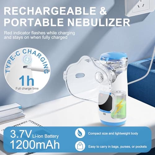 Portable Handheld Mesh Nebulizer, 2 Adjustable Mist Levels, Whisper-Quiet ≤20dB - Compact Travel Nebulizer for Adults & Kids, Home, Office Spacer (Blue) - Thumbnail 3
