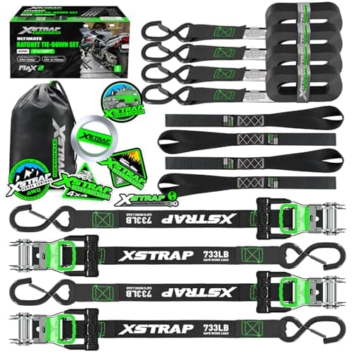 XSTRAP STANDARD 4PK Motorcycle Tie Down Straps - 1" x 15ft, 2,200lb Break Strength, Soft Loop Straps with Safety Lock S Hooks, Black Loops & Stickers, for Moving, Trucks, Cargo, Lawn Equipment, Black - Image 1