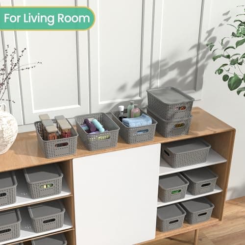Plastic Storage Baskets with Lid-Plastic Storage Containers Stackable Storage bins: Storage Baskets for Organizing Shelves Drawers Desktop Closet Playroom Classroom Office,8 Pack-Gray10.2x7.2x4.1Inch - Thumbnail 4