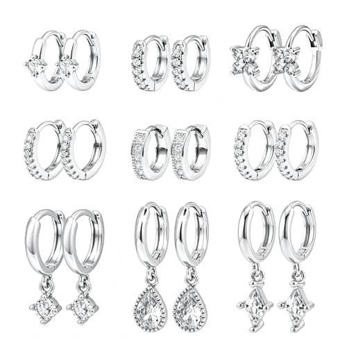 Wgoud 12 Pairs Small 14K Gold Plated Chunky Hoop Earrings for Women Hypoallergenic Lightweight Gold/Silver Hoop Earring Set for Sensitive Ears Trendy Cartilage Huggie Hoops Stacks for Multiple Piercing Jewelry (Silver-9 pairs) - Image 1