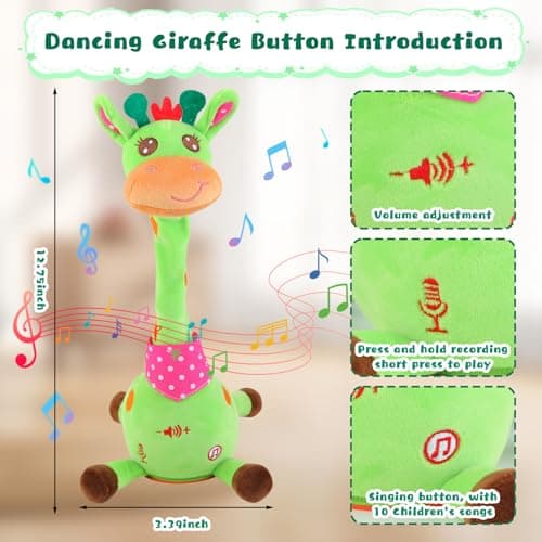 MIAODAM Dancing Giraffe Interactive Toy, Singing 10 Children's Song, Stuffed Baby Toy Repeats What You Say, Colorful Glowing Plush Toys for Toddler Easter Day Gifts for Kids (Green Giraffe) - Thumbnail 4