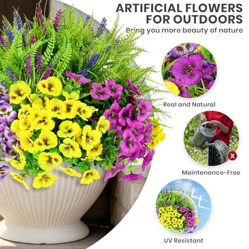 ICX 20 PCS Artificial Pansy Flowers for Outdoor, Faux Silk Pansies Spring Flowers with Eucalyptus Lavenders & Ferns, Fake Flowers for Outdoor Planters Porch Garden and Home Decoration - Thumbnail 3