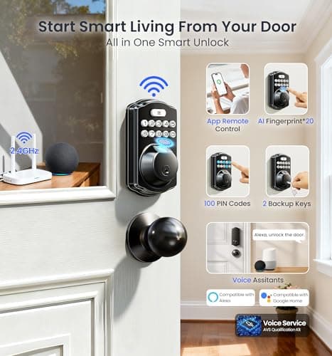 Veise VE012W-K Built-in WiFi Fingerprint Smart Lock with 2 Knobs, No Hub Needed, Remote APP Control, Keyless Entry Door Lock, Smart Deadbolt for Front Door, Auto Locking, Matte Black - Thumbnail 3