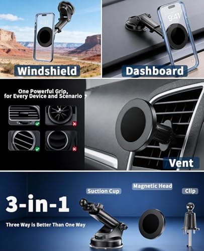 RayLink for Military-Grade Magnetic Car Mount【122+lbs Suction & 25lbs Magnet】 for MagSafe Phone Holder【3-in-1 Windshield+Vent+Dash】 Universal Cell Phone Holder for Car Truck SUV - Thumbnail 3
