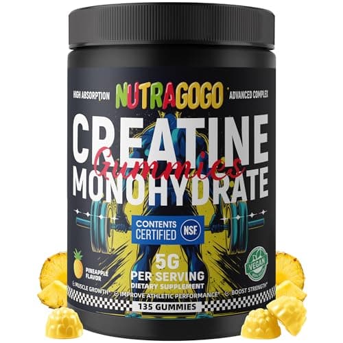 NUTRAGOGO NSF Certified Creatine Gummy - Creatine Monohydrate Gummies for Men & Women-5g of Creatine Monohydrate per Serving - Sugar Free,Vegan, Pineapple Electrolyte Chews, 135 Count