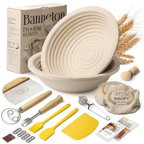 Wood Pulp Banneton Bread Proofing Baskets Set of 2, 9 Inch Round 2.2LB Sourdough Proofing Basket Kit with Linen Covers, Dough Whisk, Scraper, Bread Lame & Flour Dredger, Non-Stick Bread Bowl - Image 1