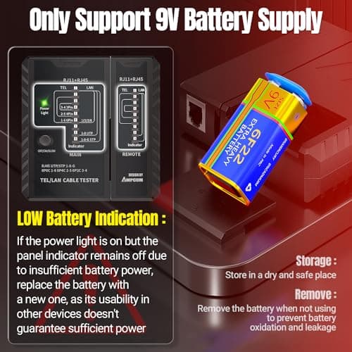 AMPCOM Network Cable Tester RJ45 for LAN & TEL Continuity of RJ45/11/12 CAT5E CAT6 CAT7 UTP & STP Shielded Ethernet Wires Test Tool - W/Carrying Bag - Black - Thumbnail 3