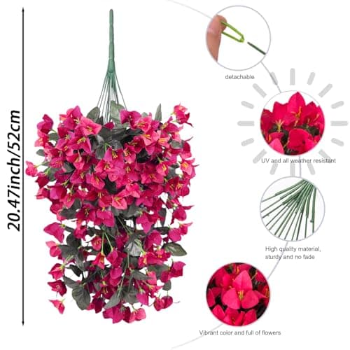 BSMYBO Bougainvillea Artificial Hanging Flowers Plants for Outdoors UV Resistant Faux Trailing Vine Outdoor Hanging Plants for Front Porch, Balcony, Patio, Outdoor Planter (Hot Pink-2PCS) - Thumbnail 3