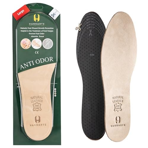 HANDARTE Leather Anti Odor Insoles | Cuttable Odor Eaters Insoles Men | Shoe Deodorizer Thin Insert - Odor Eliminator for Shoes - 100% Natural Goatskin & Anti Sweat - Suitable for No-Socks (Large) - Image 1