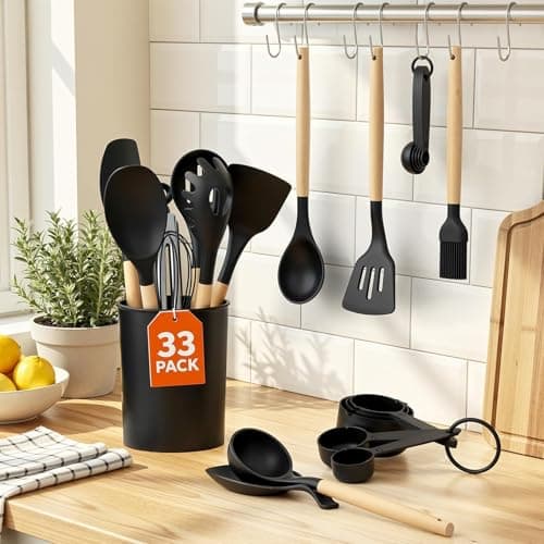 WISELIFE Kitchen Utensils Set - 33 PCS, Heat-Resistant Silicone Cooking Utensils Set with Wooden Handle, BPA-Free Kitchen Gadgets Spatula Sets with Holder for Nonstick Cookware (Black) - Thumbnail 2