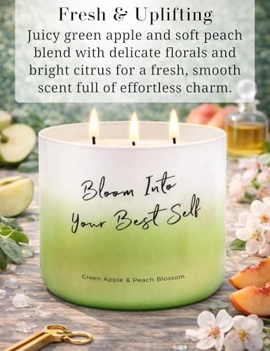 Green Apple Peach Blossom Scented Soy Candle - Large 3-Wick Aromatherapy Candle for Home, 15.8oz - Fresh Fruity Scent - “Bloom Into Your Best Self” Quote - Inspirational Home Decor Gift - Thumbnail 2
