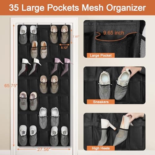 FENTEC 35 Large Pockets Over The Door Shoe Organizer, Mesh Hanging Shoe Organizer Shoe Rack for Closet Mesh Closet Shoe Holder, Over Door Organizer, Shoe Organizer for Wall, Black, 1 Pack - Thumbnail 6