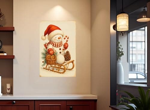 This two-piece vintage Santa and snowman holiday decoration tin plaque set measures 12 x 8 inches. Suitable for indoor and outdoor use, it makes a great winter decoration and gift. Perfect for display in your home, bathroom, garage, or patio. - Thumbnail 3