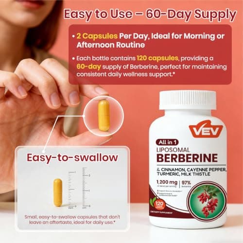 VEV Berberine Supplement with Ceylon Cinnamon, Cayenne Pepper, Turmeric, Milk Thistle, Vegan & Non-GMO – 120 Capsules - Thumbnail 6