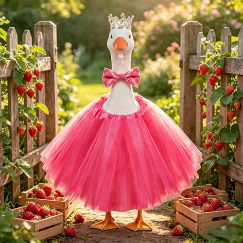 yuboo Princess Porch Goose Outfit, Birthday Costume Goose Outfit Clothes with Crown, Bow Tie and Hot Pink Tutu Skirt for 23 inch Lawn Garden Yard Porch Goose Outdoor Statues Decor - Image 1