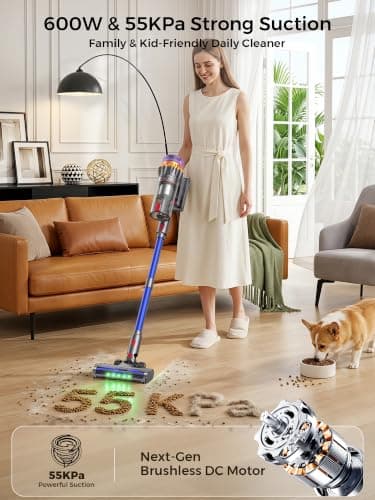 Cordless Vacuum Cleaner, 600W/55Kpa 70mins Stick Vacuum with Anti-Tangle Brush&Touch Screen,6-in-1 Vacuum Cleaners for Home,Hardwood Floors,Pet Hair,Carpet - Thumbnail 2