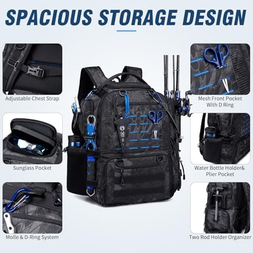 oinitiry Fishing Tackle Backpack with Tackle Boxes, Two Rod Holders, Bottle Holder, 50L Waterproof Tackle Bag for Fishing Gear, Fish Gifts for Men, Black Camo (4 Tackle Boxes Included - Thumbnail 5