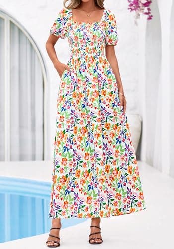 BTFBM Spring Summer Dresses for Women 2026 Puff Short Sleeve Smocked Floral Print Boho Beach Wedding Guest Maxi Dress(Floral Light Green Multi, Small) - Thumbnail 4