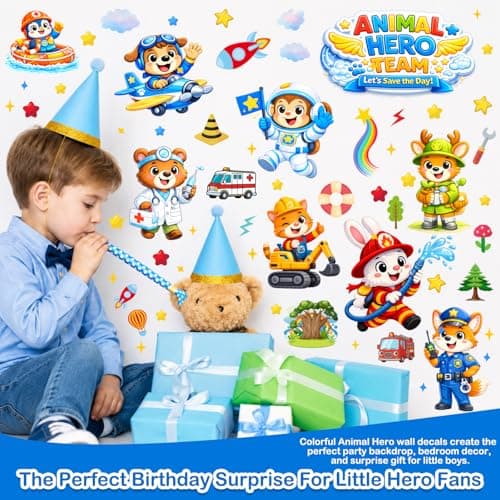 Animal Wall Stickers Decals, Animal Hero Team/Forest/Star/Cloud Wall Stickers for Kids Baby Boys, 134 Piece UV PVC DIY Removable Reusable Jungle Animal Wall Decals Stickers for Nursery Classroom - Thumbnail 4