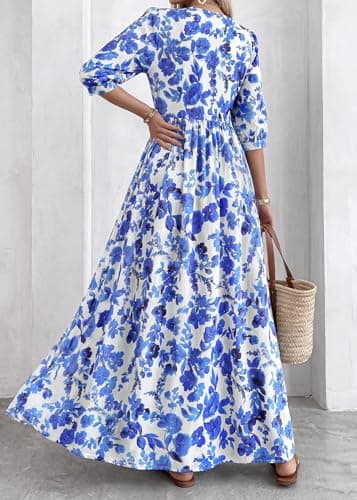 KIRUNDO Summer Dresses for Women 2026 Spring Wedding Guest Boho Floral 3/4 Sleeve Beach Vacation Cruise Flowy Maxi Dress(Blue, Small) - Thumbnail 6