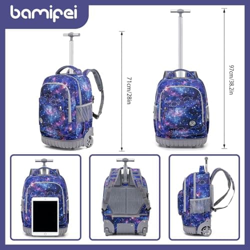 BAMIFEI 18 Inch Purple Galaxy Rolling Backpack for Girls, Galaxy Backpacks Girls Backpack with Wheels School Backpack Spacious Multiple Compartments Quiet Wheels Travel Backpack for Kids - Thumbnail 4