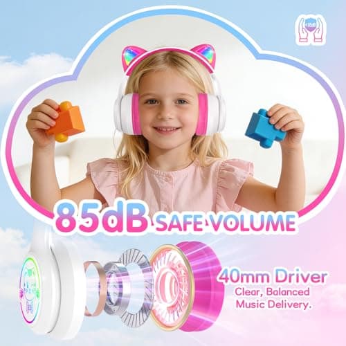 IFECCO Kids Wireless Headphones with Case,Cute LED Light Up Cat Ear Children Girls Bluetooth 6.0 Headphones Volume-limiting for School Travel Gifts - Thumbnail 2