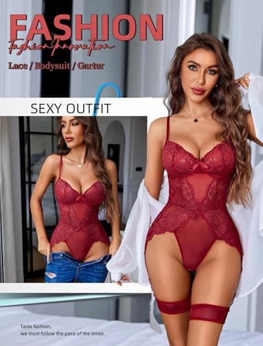 Avidlove Women Sexy Lingerie Sexy Bodysuit with Garter Belt & Stockings, Elegant Lace Bodysuit for Anniversary or Romantic Surprise Wine Red XL - Thumbnail 3