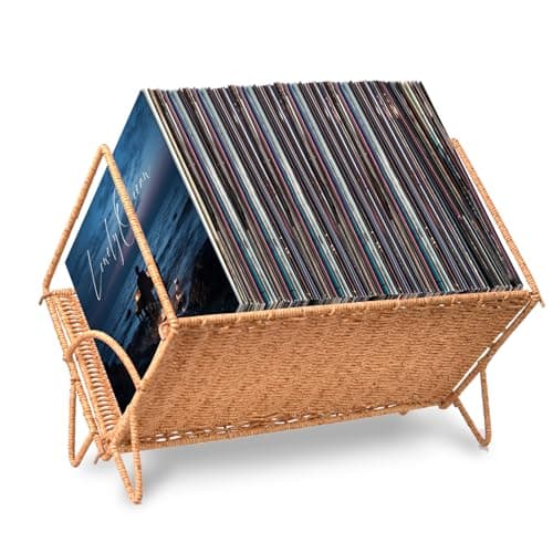 Demine Vinyl Record Storage Holder for 80 LPs, Stylish Woven Record Storage Rack, Multifunctional Vinyl Display Organizer for Album, Books, Magazines & Files