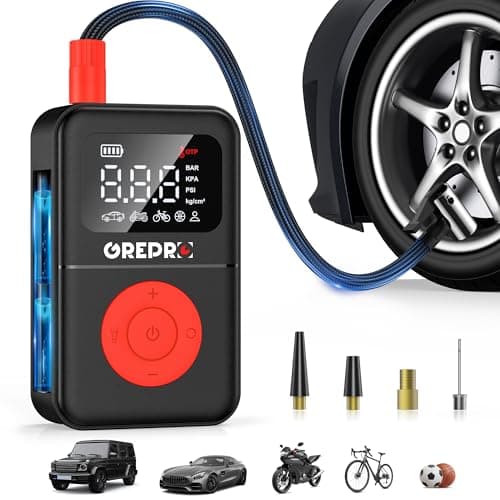 GREPRO Tire Inflator Portable Air Compressor, 160 PSI Portable Air Pump with Digital Pressure Gauge, LED Light, and Multiple Adapters for Car, Motorcycle, Bicycle, and Other Inflatables - Image 1