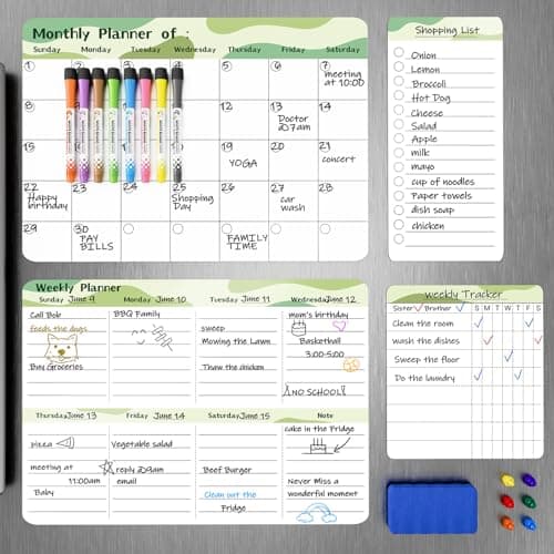 MARSROCK Refrigerator Calendar Magnetic, 16.3x11.7” (4-Pack) – Weekly & Monthly Planner, Chore Chart, Grocery/to-Do List for Fridge, Includes 8 Markers, 6 Magnets & 1 Eraser for Kitchen, Green - Image 1