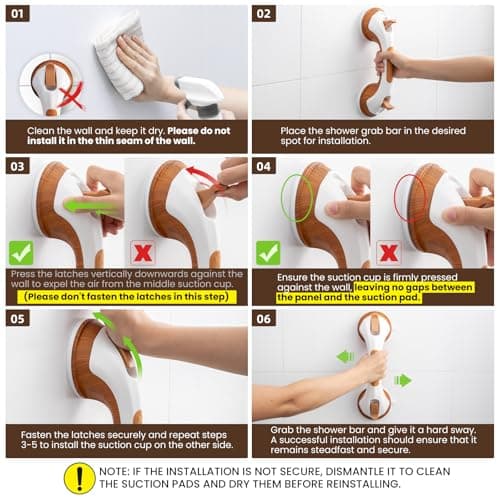TAILI Shower Grab Bar, 12 Inch Shower Handle for Bathtubs and Elderly, Suction Grab Bars for Seniors Bathroom Safety Handles for Elderly, No Drilling Removable,Wood Grain - Thumbnail 4