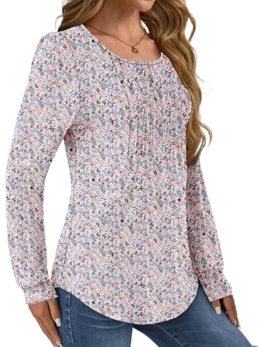 GKBK Women Long Sleeve Shirts Fall Tops Dressy Pleated Scooped Neck Tunic Tops for Leggings Floral White 3XL - Thumbnail 3