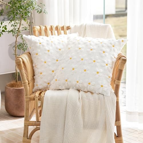 KIDHABE Spring Summer Pillow Covers 18x18 inch, Set of 2 Soft Faux Fur Jacquard Cream White Daisy Throw Pillow Cases for Sofa Couch Holiday Spring Home Decor - Thumbnail 2