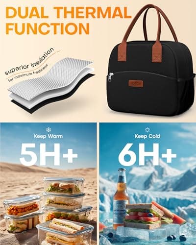 HOTOR Lunch Bag for Women & Men - Wear-Resistant Insulated Lunch Box with Large Capacity, Multi-Functional Cooler Bag for Office, Picnic, Black, 10L,10.60" x 5.90" x 9.50" - Thumbnail 3