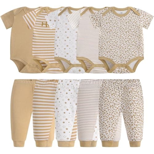 Baby Newborn Layette 10-Piece Set Cotton Bodysuits Short Sleeve Pants Sets Striped Printed for Baby Boys Girls Toddler Unisex Baby Gift Sets for 6 9 Months - Thumbnail 2